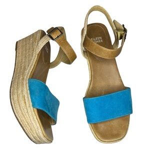 Eileen Fisher Espadrilles platform wedge sandals leather straw womens shoes 8